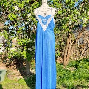 Vintage Fantasy Nightwear By Janice Lee Long Gown W Elegant Blue Lace Trim Gown